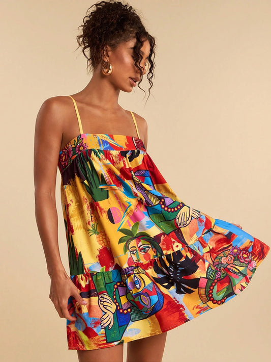 Travachic Women's Casual Jamaican European Sleeveless Abstract Figure Print Mini Dress, Vacation Style,Summer Dresses For Women Beach Vacation Yellow