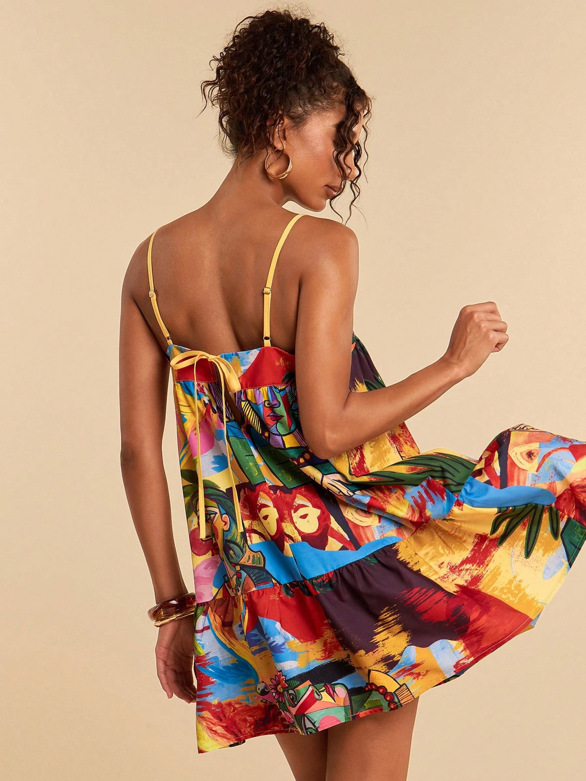 Travachic Women's Casual Jamaican European Sleeveless Abstract Figure Print Mini Dress, Vacation Style,Summer Dresses For Women Beach Vacation Yellow