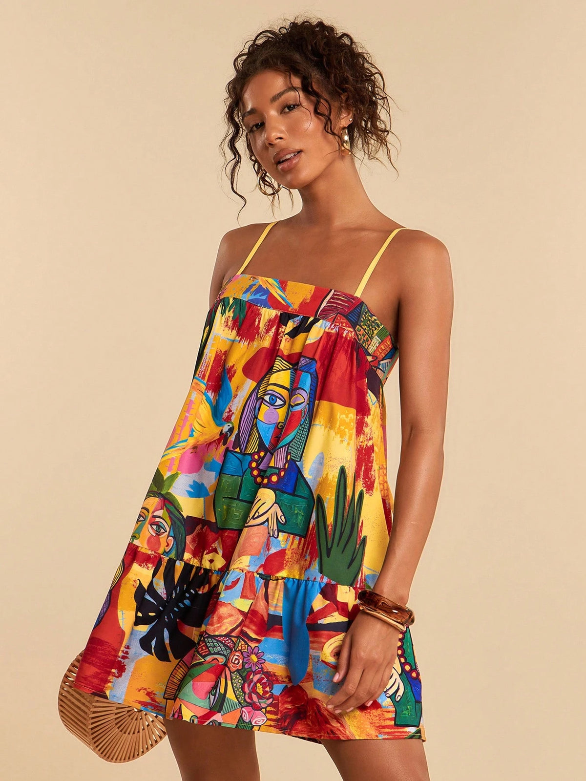 Travachic Women's Casual Jamaican European Sleeveless Abstract Figure Print Mini Dress, Vacation Style,Summer Dresses For Women Beach Vacation Yellow