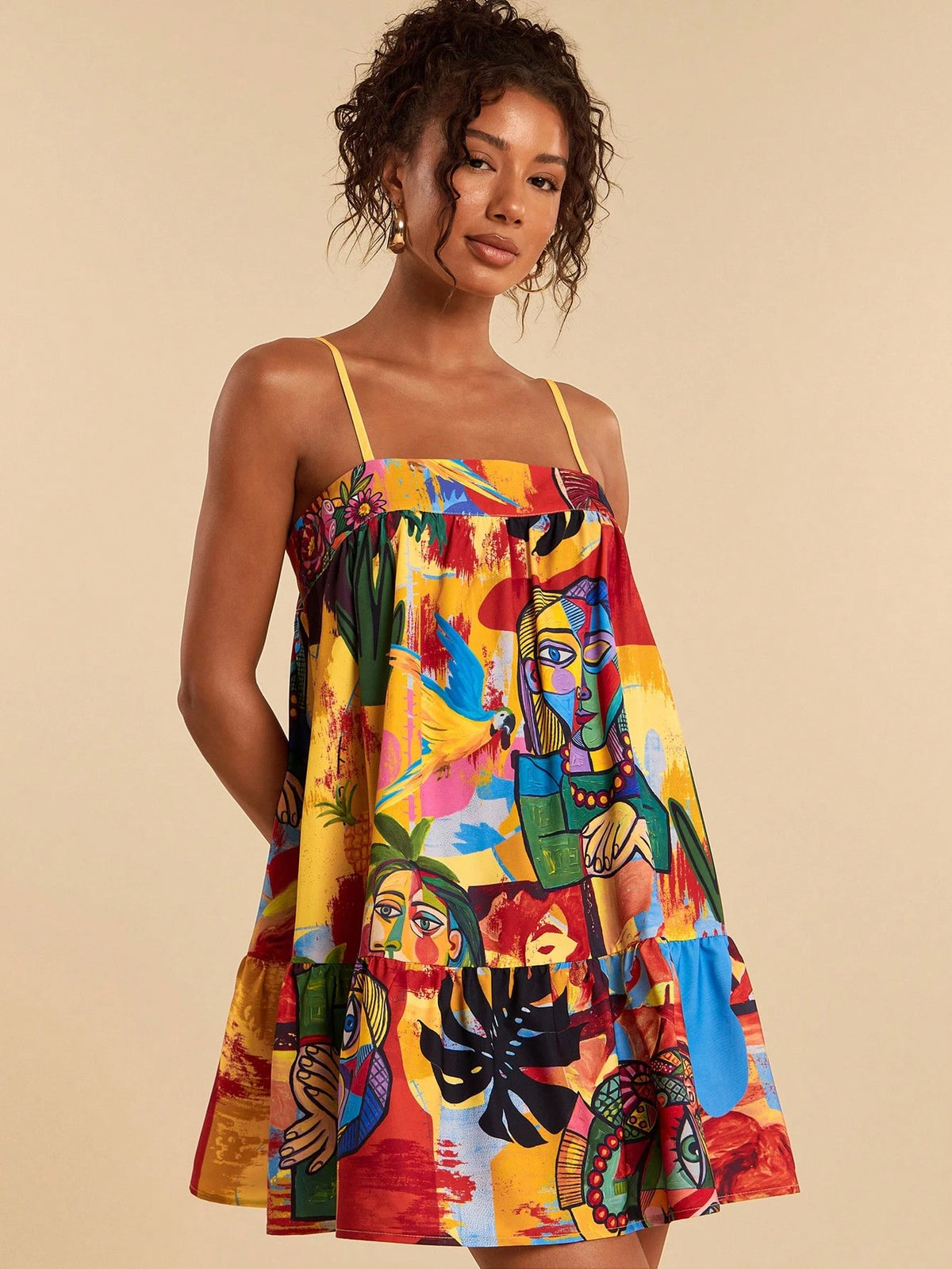Travachic Women's Casual Jamaican European Sleeveless Abstract Figure Print Mini Dress, Vacation Style,Summer Dresses For Women Beach Vacation Yellow