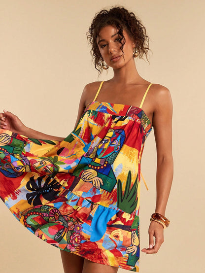 Travachic Women's Casual Jamaican European Sleeveless Abstract Figure Print Mini Dress, Vacation Style,Summer Dresses For Women Beach Vacation Yellow