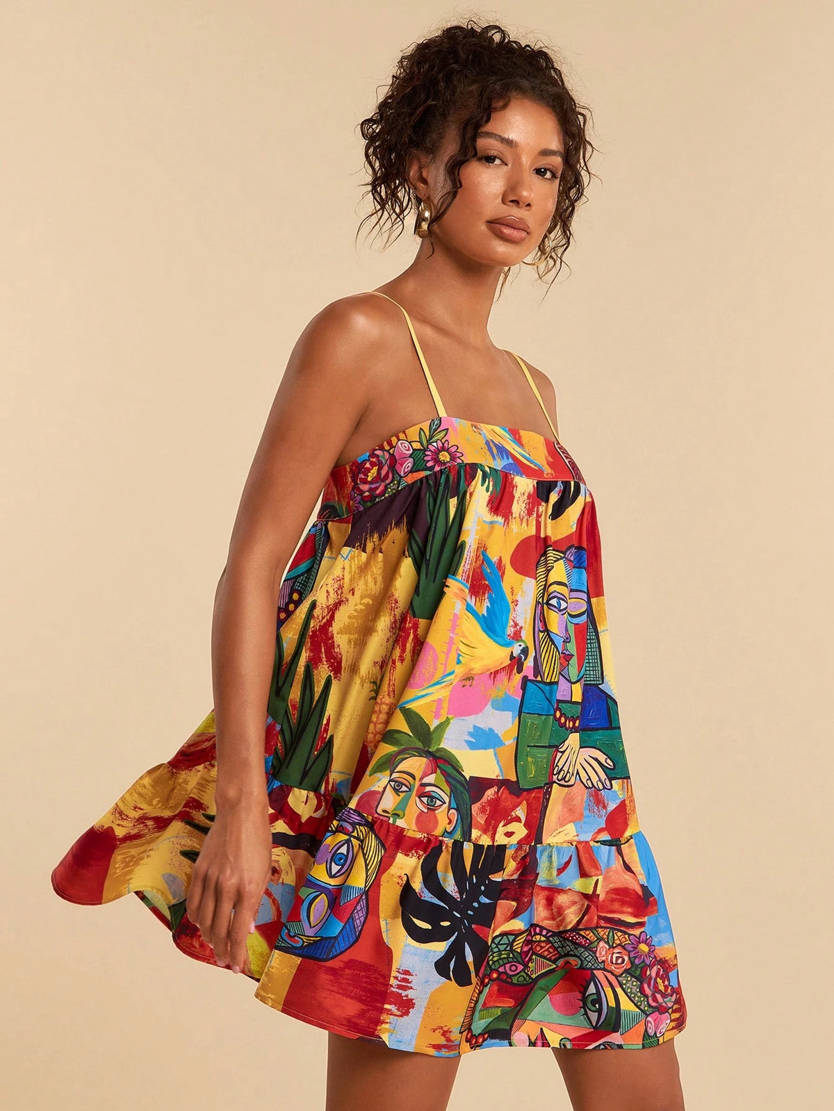 Travachic Women's Casual Jamaican European Sleeveless Abstract Figure Print Mini Dress, Vacation Style,Summer Dresses For Women Beach Vacation Yellow