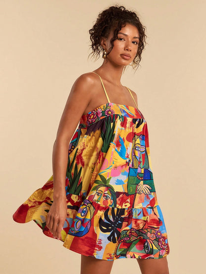 Travachic Women's Casual Jamaican European Sleeveless Abstract Figure Print Mini Dress, Vacation Style,Summer Dresses For Women Beach Vacation Yellow