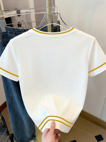 Trelyra Women's Casual Lemon Letter Print Contrast Trim Round Neck T-Shirt, Summer