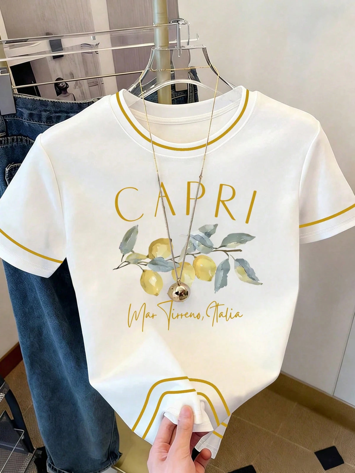 Trelyra Women's Casual Lemon Letter Print Contrast Trim Round Neck T-Shirt, Summer