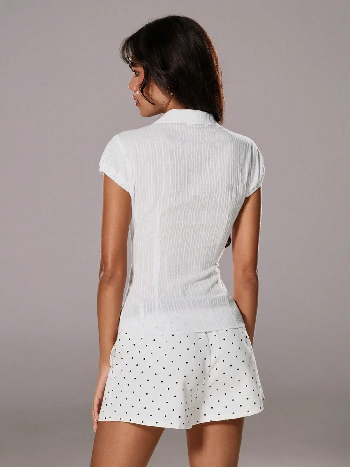 TRNVIE Summer White Textured Collared Slim-Fit Office Lady Vertical Striped Short Sleeve Shirt