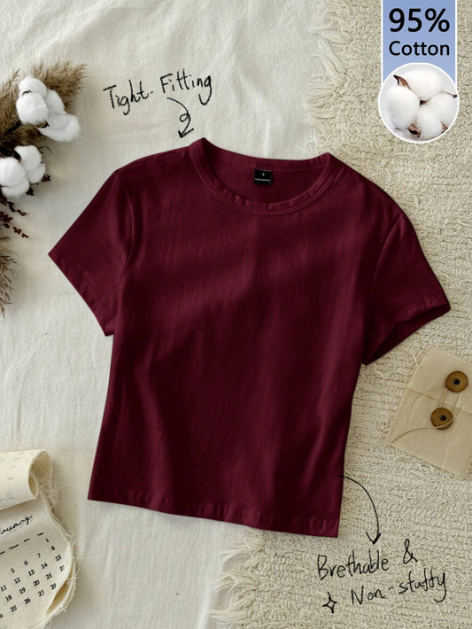 Tseoso 1pc Solid Form Fitted Tee, 95% Cotton, Deep Burgundy, Suitable For Summer,Summer Top