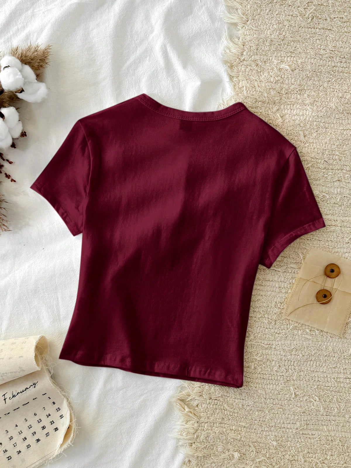 Tseoso 1pc Solid Form Fitted Tee, 95% Cotton, Deep Burgundy, Suitable For Summer,Summer Top