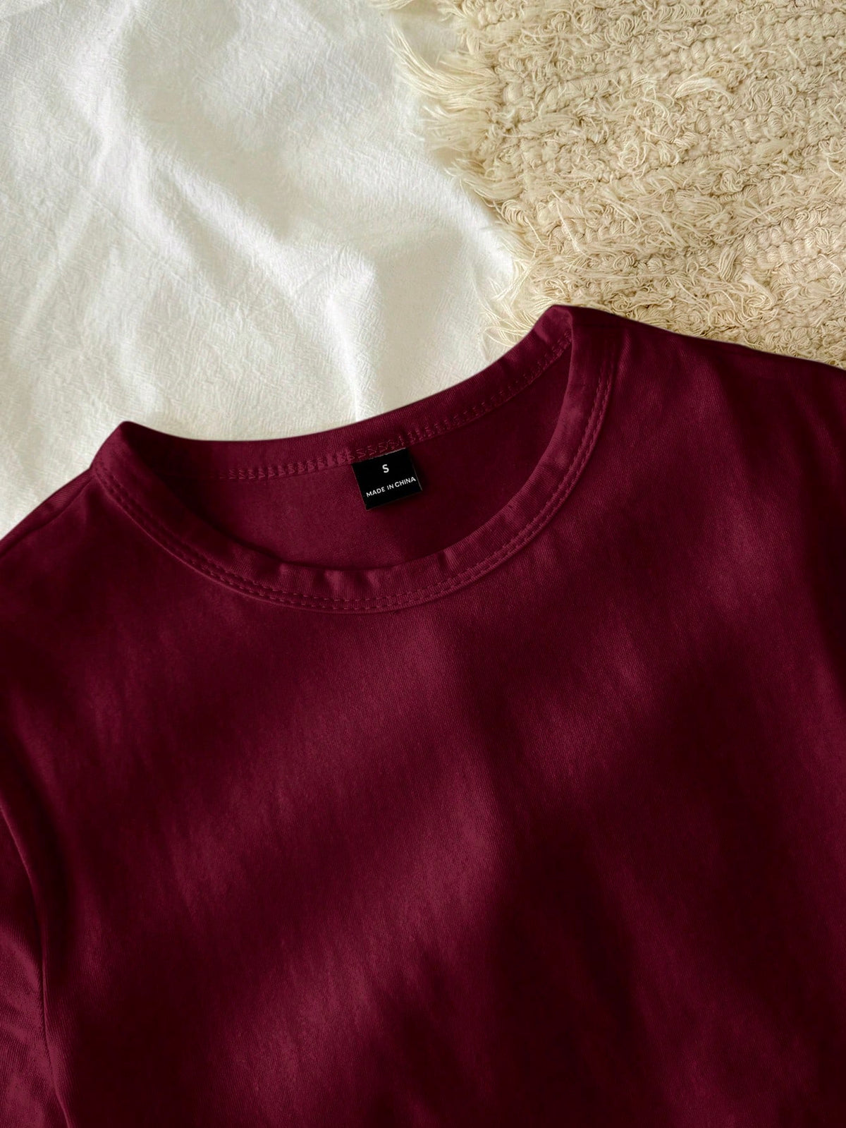 Tseoso 1pc Solid Form Fitted Tee, 95% Cotton, Deep Burgundy, Suitable For Summer,Summer Top