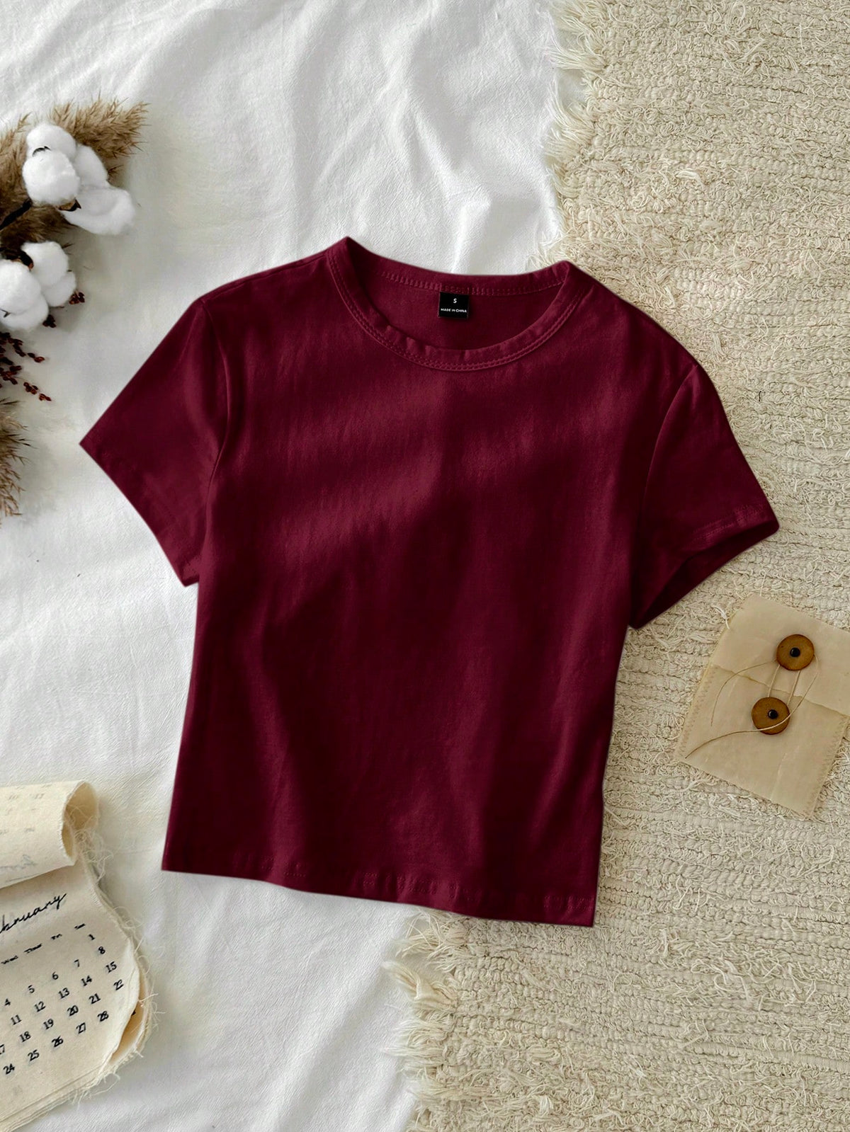 Tseoso 1pc Solid Form Fitted Tee, 95% Cotton, Deep Burgundy, Suitable For Summer,Summer Top