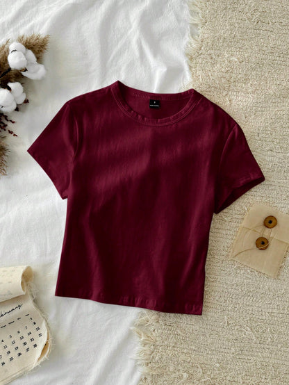 Tseoso 1pc Solid Form Fitted Tee, 95% Cotton, Deep Burgundy, Suitable For Summer,Summer Top