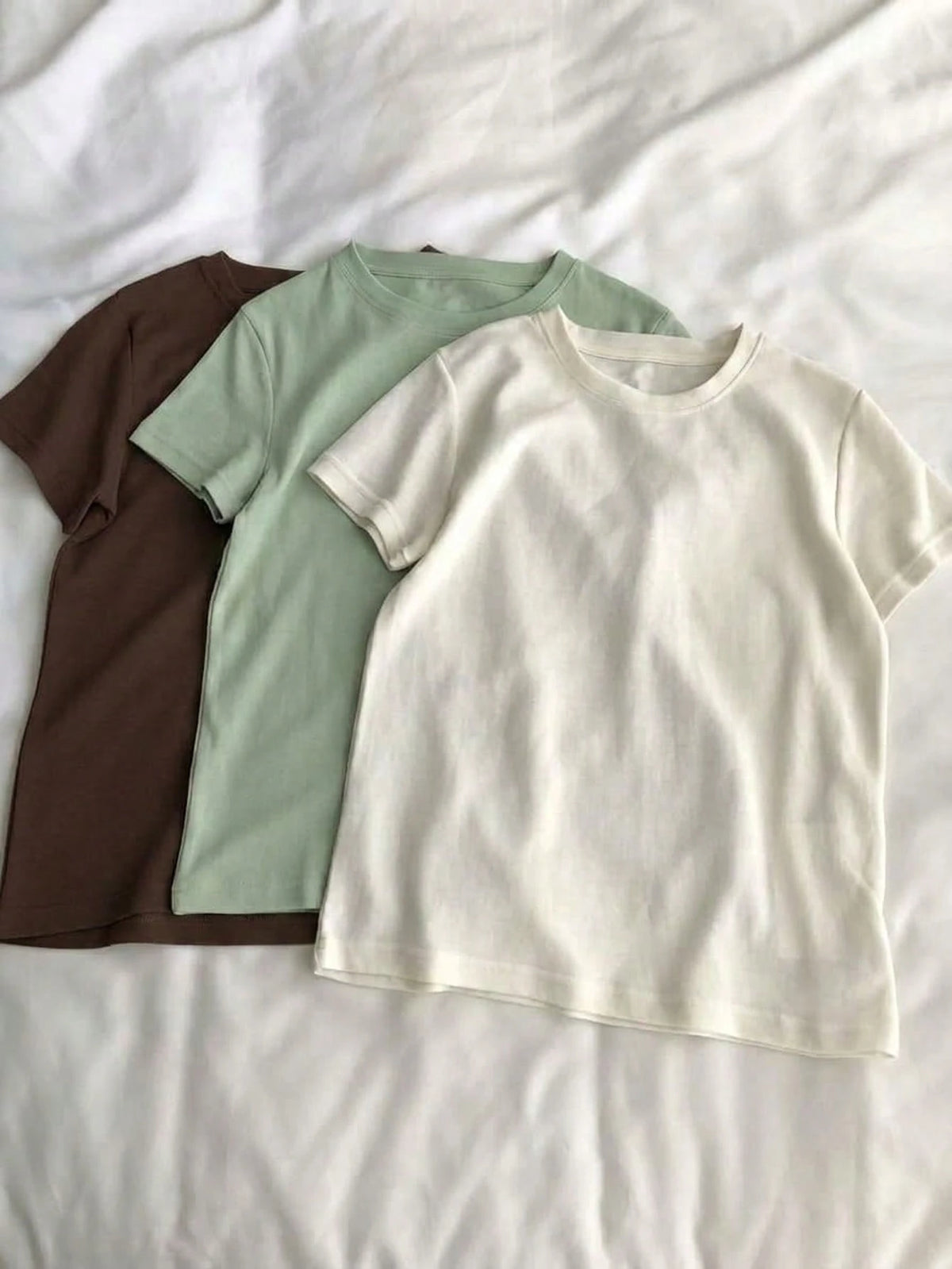 Tseoso 3pcs Casual Minimalist 95% Cotton Women's Crew Neck Fitted Long Length Short Sleeve T-Shirt Set, Suitable For Summer