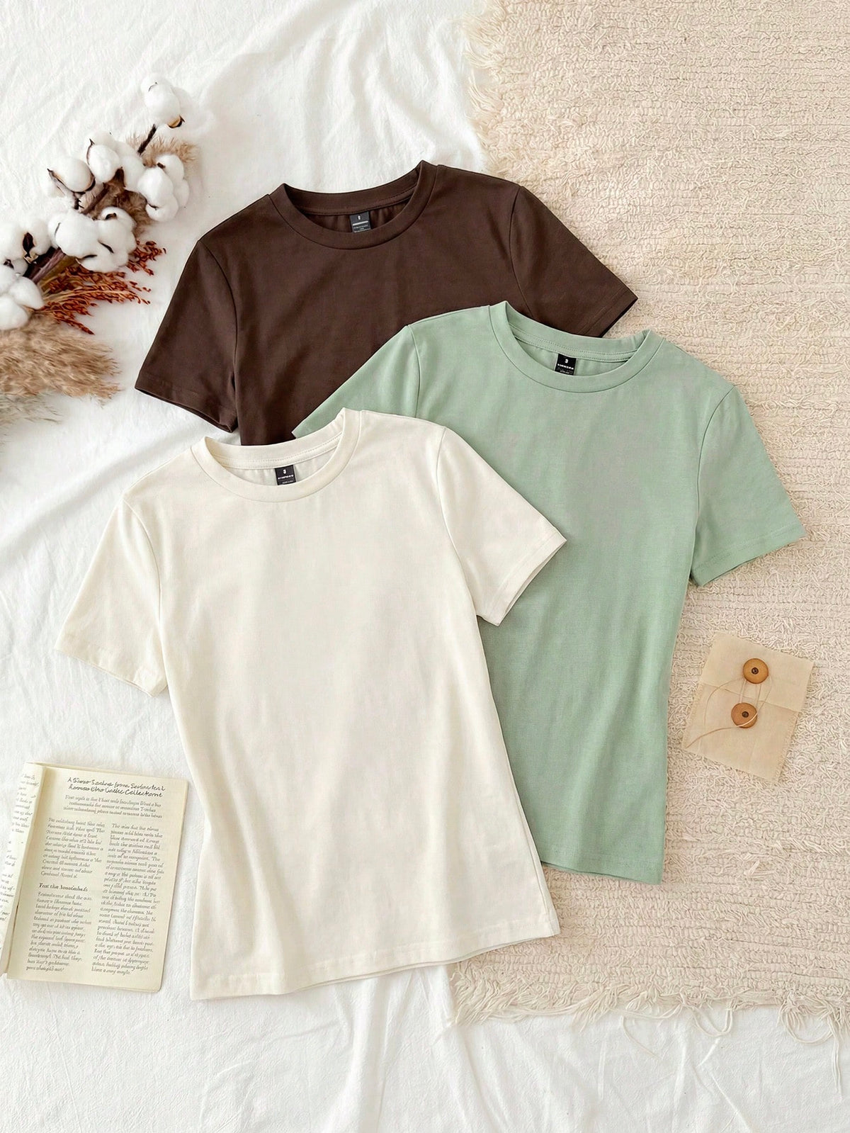 Tseoso 3pcs Casual Minimalist 95% Cotton Women's Crew Neck Fitted Long Length Short Sleeve T-Shirt Set, Suitable For Summer