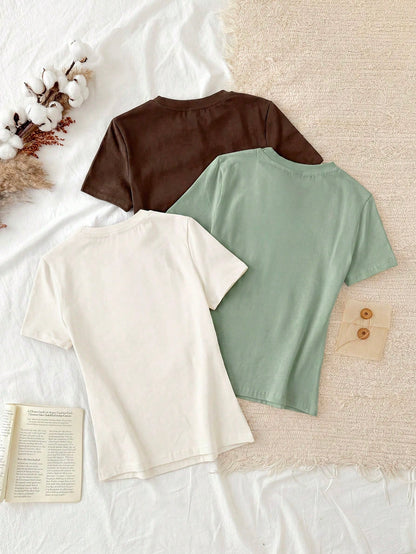 Tseoso 3pcs Casual Minimalist 95% Cotton Women's Crew Neck Fitted Long Length Short Sleeve T-Shirt Set, Suitable For Summer