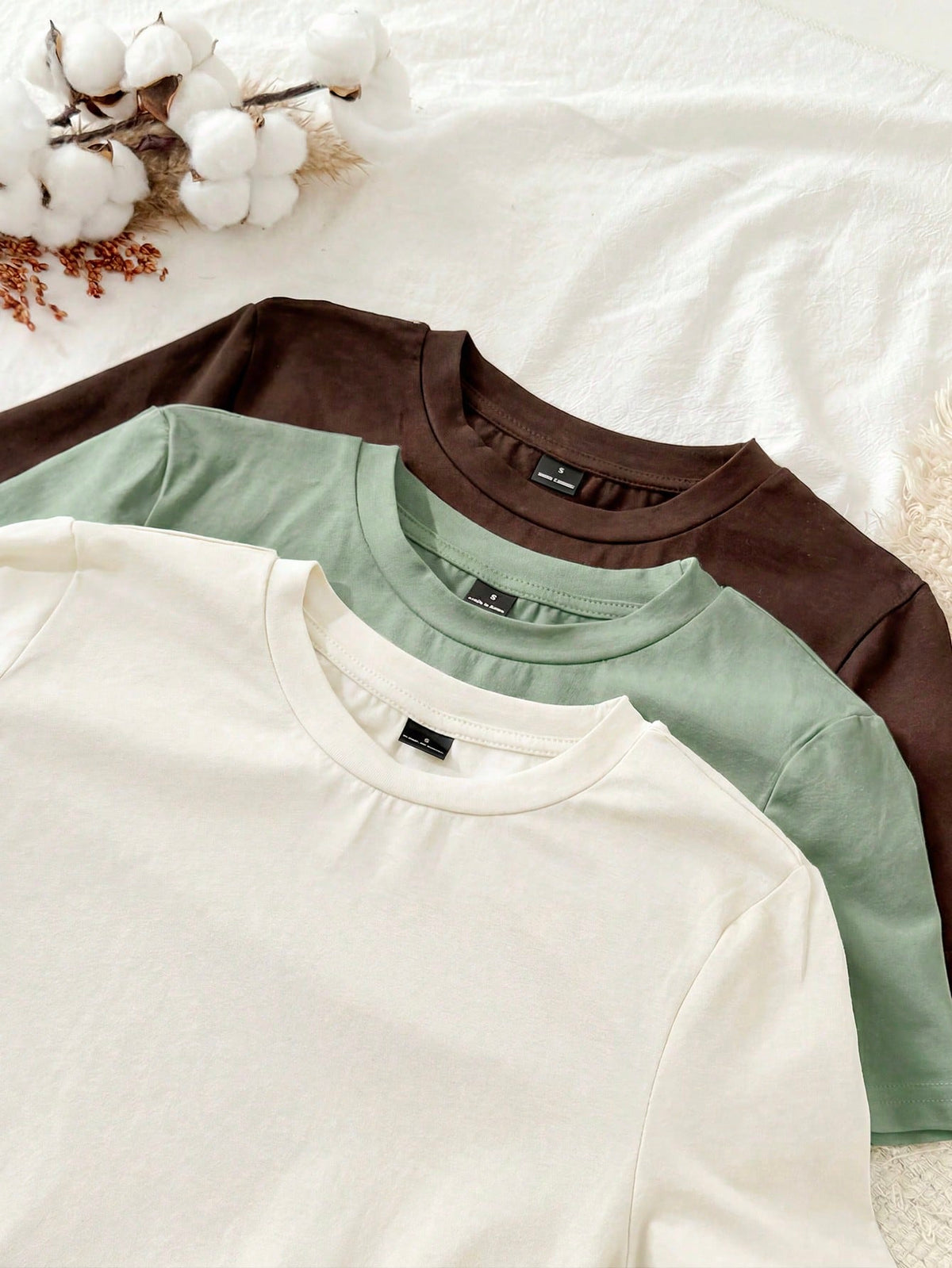 Tseoso 3pcs Casual Minimalist 95% Cotton Women's Crew Neck Fitted Long Length Short Sleeve T-Shirt Set, Suitable For Summer