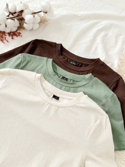 Tseoso 3pcs Casual Minimalist 95% Cotton Women's Crew Neck Fitted Long Length Short Sleeve T-Shirt Set, Suitable For Summer