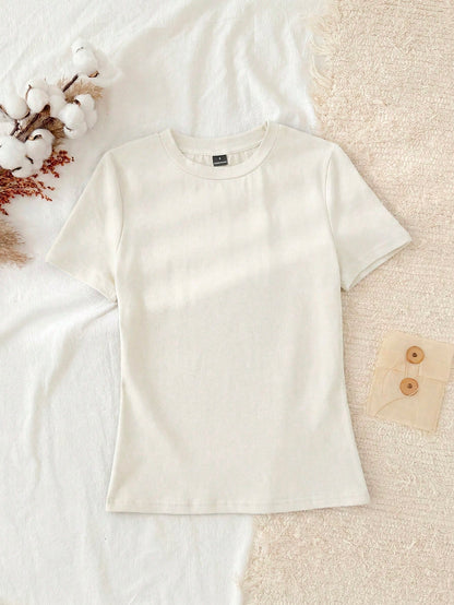 Tseoso 3pcs Casual Minimalist 95% Cotton Women's Crew Neck Fitted Long Length Short Sleeve T-Shirt Set, Suitable For Summer