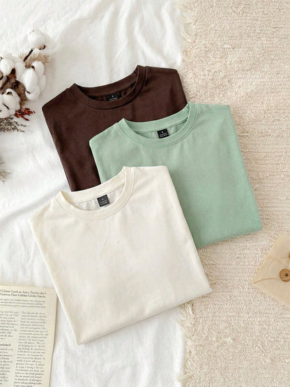 Tseoso 3pcs Casual Minimalist 95% Cotton Women's Crew Neck Fitted Long Length Short Sleeve T-Shirt Set, Suitable For Summer