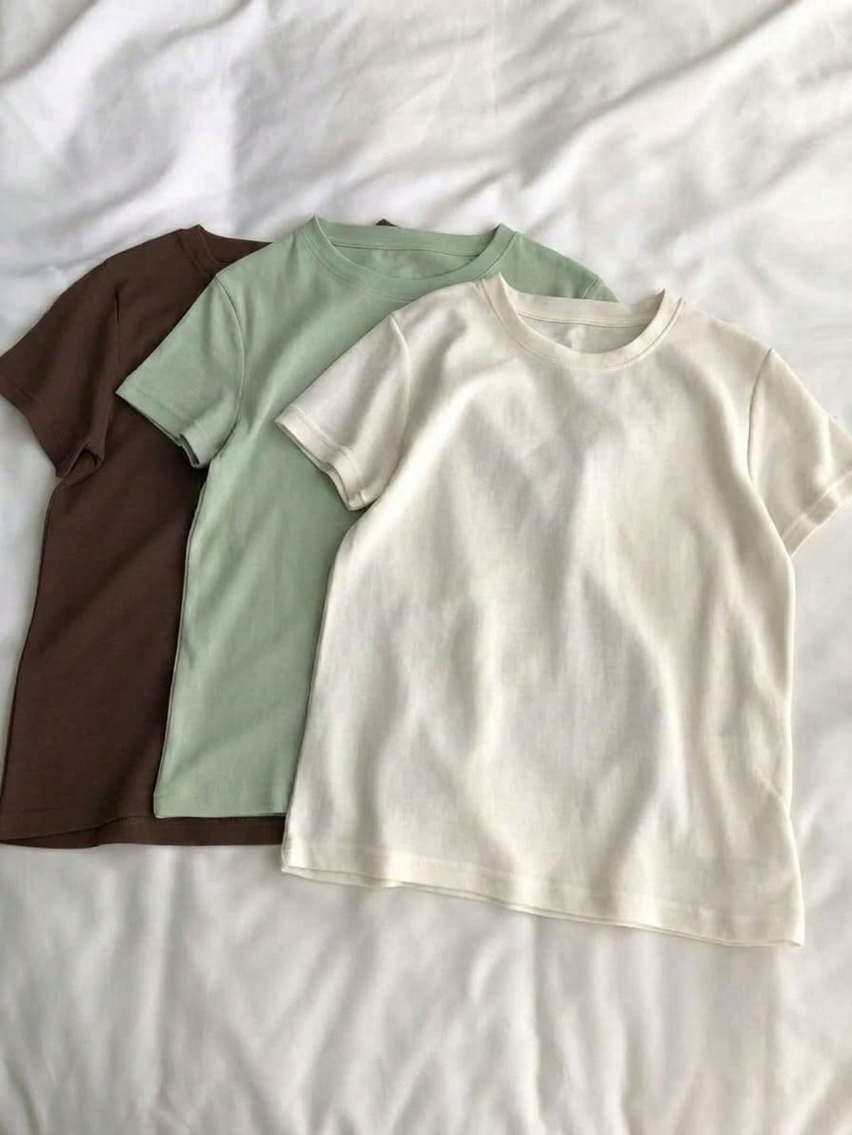Tseoso 3pcs Casual Minimalist 95% Cotton Women's Crew Neck Fitted Long Length Short Sleeve T-Shirt Set, Suitable For Summer