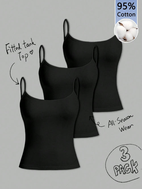 Tseoso 3pcs/Set Women's Casual Slim-Fit Camisole Tops,95% Cotton,Summer,Black,Basic,Everyday Versatile Fitted Tank Top,Cute Softgirl Vintage Summer Outing