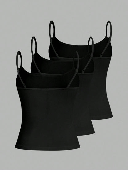 Tseoso 3pcs/Set Women's Casual Slim-Fit Camisole Tops,95% Cotton,Summer,Black,Basic,Everyday Versatile Fitted Tank Top,Cute Softgirl Vintage Summer Outing