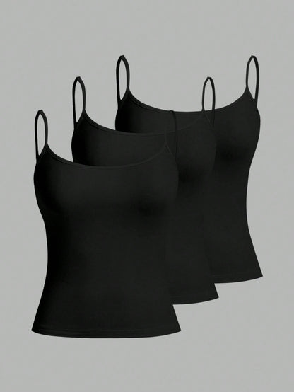 Tseoso 3pcs/Set Women's Casual Slim-Fit Camisole Tops,95% Cotton,Summer,Black,Basic,Everyday Versatile Fitted Tank Top,Cute Softgirl Vintage Summer Outing