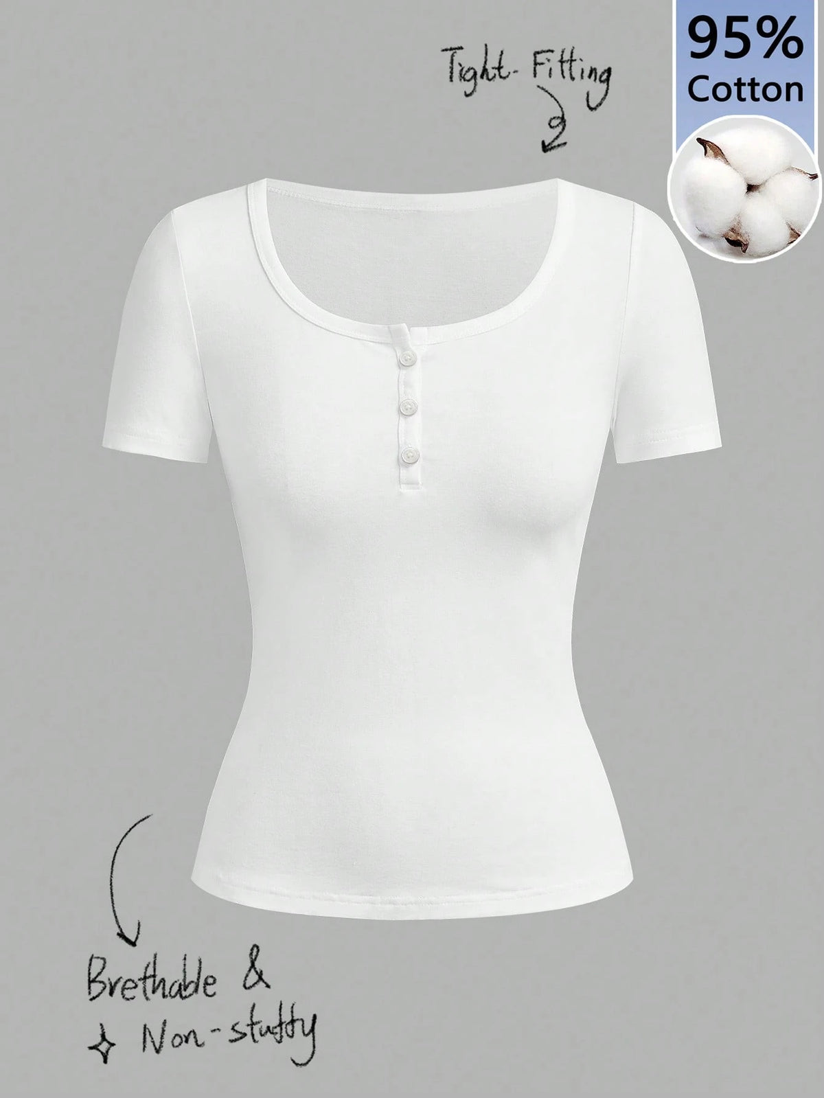 Tseoso 95% Cotton Women's Henley Short Sleeve T-Shirt,All White,Summer,Casual,Everyday Soft Girl Clean Girl Retro Streetwear Top For Sports & Yoga,Club,Gym