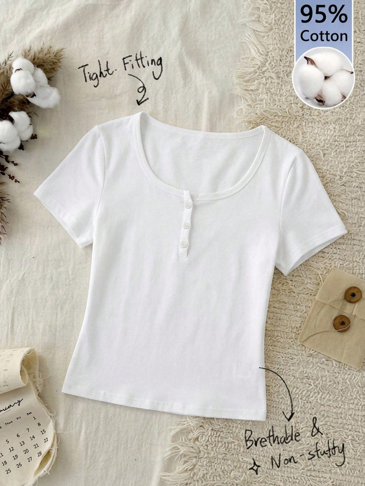 Tseoso 95% Cotton Women's Henley Short Sleeve T-Shirt,All White,Summer,Casual,Everyday Soft Girl Clean Girl Retro Streetwear Top For Sports & Yoga,Club,Gym