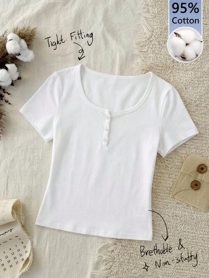 Tseoso 95% Cotton Women's Henley Short Sleeve T-Shirt,All White,Summer,Casual,Everyday Soft Girl Clean Girl Retro Streetwear Top For Sports & Yoga,Club,Gym
