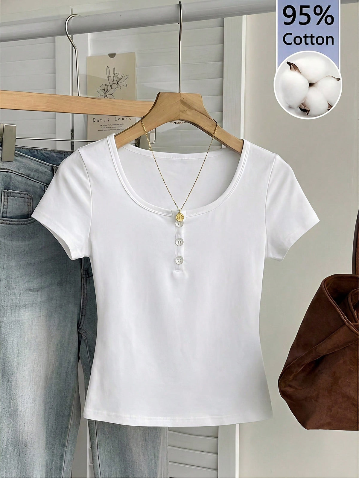 Tseoso 95% Cotton Women's Henley Short Sleeve T-Shirt,All White,Summer,Casual,Everyday Soft Girl Clean Girl Retro Streetwear Top For Sports & Yoga,Club,Gym