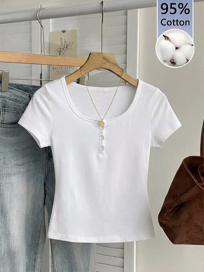 Tseoso 95% Cotton Women's Henley Short Sleeve T-Shirt,All White,Summer,Casual,Everyday Soft Girl Clean Girl Retro Streetwear Top For Sports & Yoga,Club,Gym
