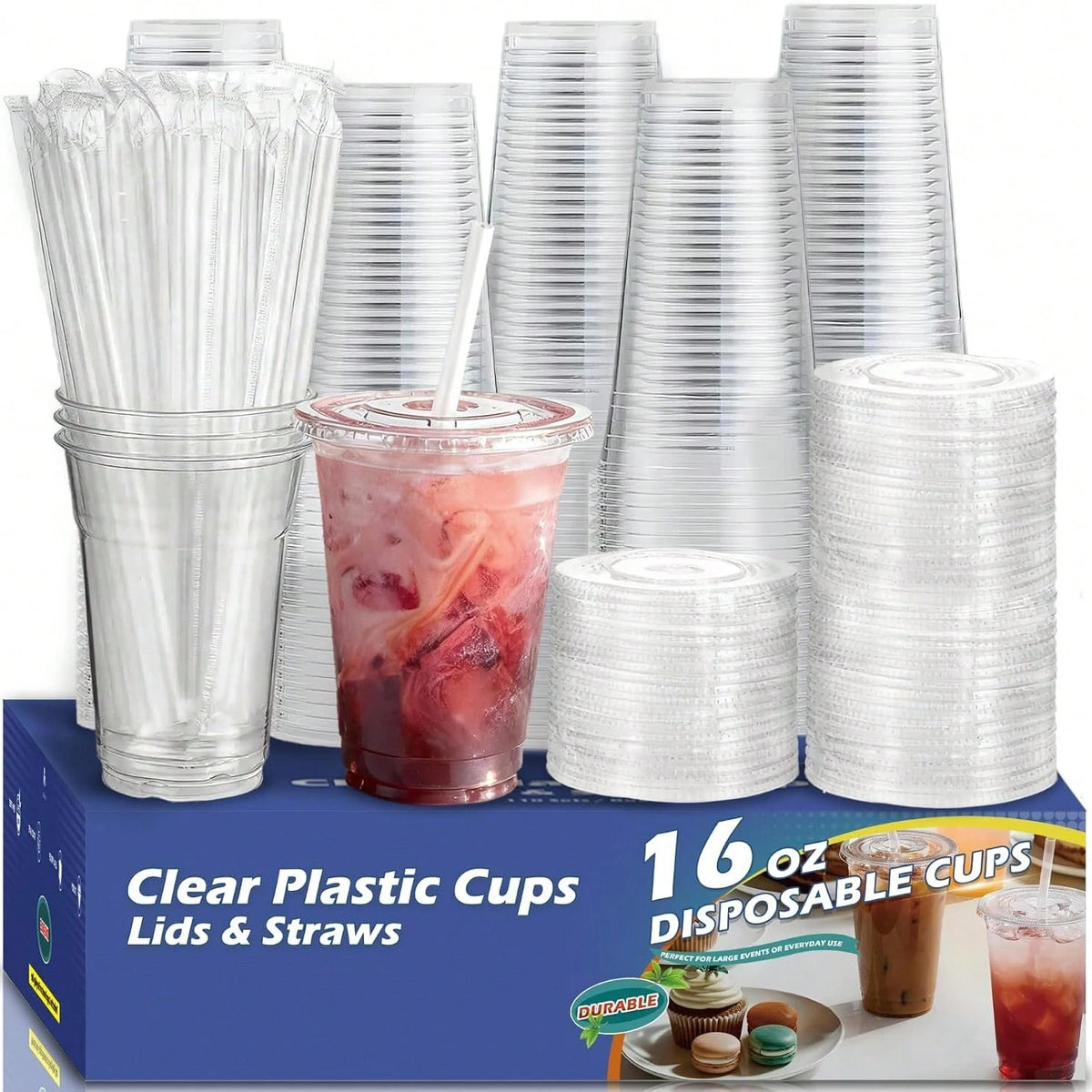 TUMATICLY 300PCS Plastic Cup Coffee Cup Set, 16 Ounce/480ml (100PC Cups+100PC Lids+100PC Straws), With Straw And Lid, Transparent Coffee Cup, Suitable For Party Gathering, Wedding, Birthday, Commercia