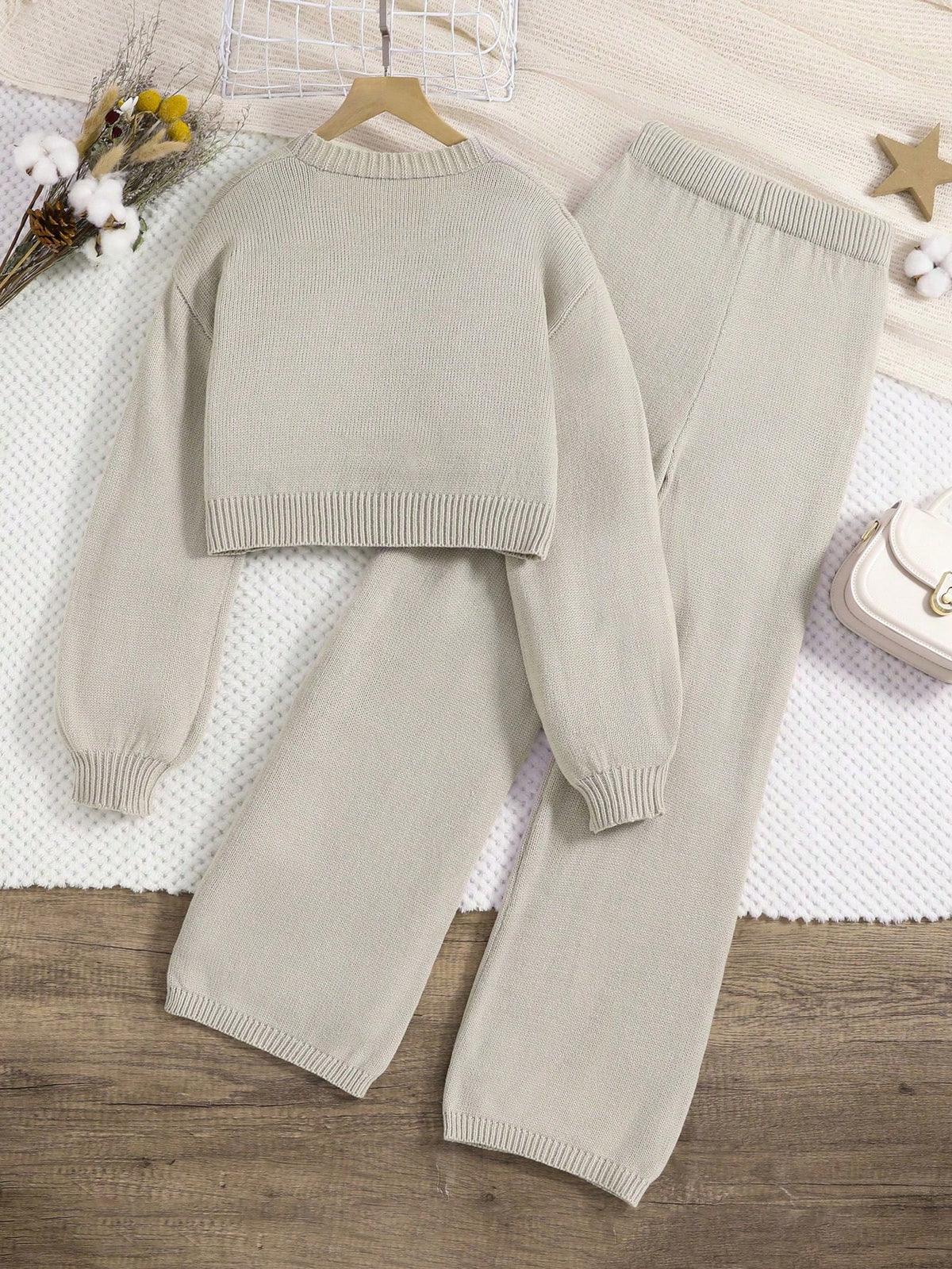 Tween Girl Fashion Minimalist Knitted Cardigan And Knit Pants Set