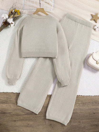 Tween Girl Fashion Minimalist Knitted Cardigan And Knit Pants Set