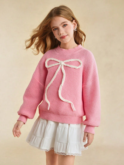 Tween Girls' Sweater With Bow Embroidery, Sweet Casual Versatile Daily Wear, Soft And Comfortable
