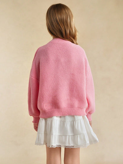 Tween Girls' Sweater With Bow Embroidery, Sweet Casual Versatile Daily Wear, Soft And Comfortable