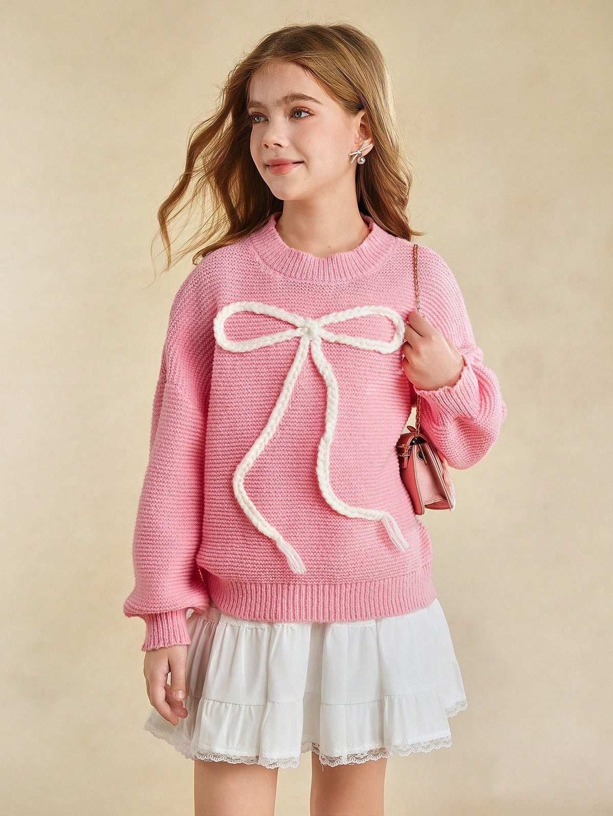 Tween Girls' Sweater With Bow Embroidery, Sweet Casual Versatile Daily Wear, Soft And Comfortable