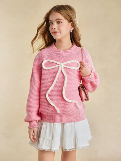 Tween Girls' Sweater With Bow Embroidery, Sweet Casual Versatile Daily Wear, Soft And Comfortable
