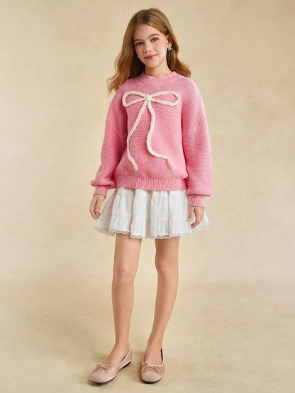 Tween Girls' Sweater With Bow Embroidery, Sweet Casual Versatile Daily Wear, Soft And Comfortable