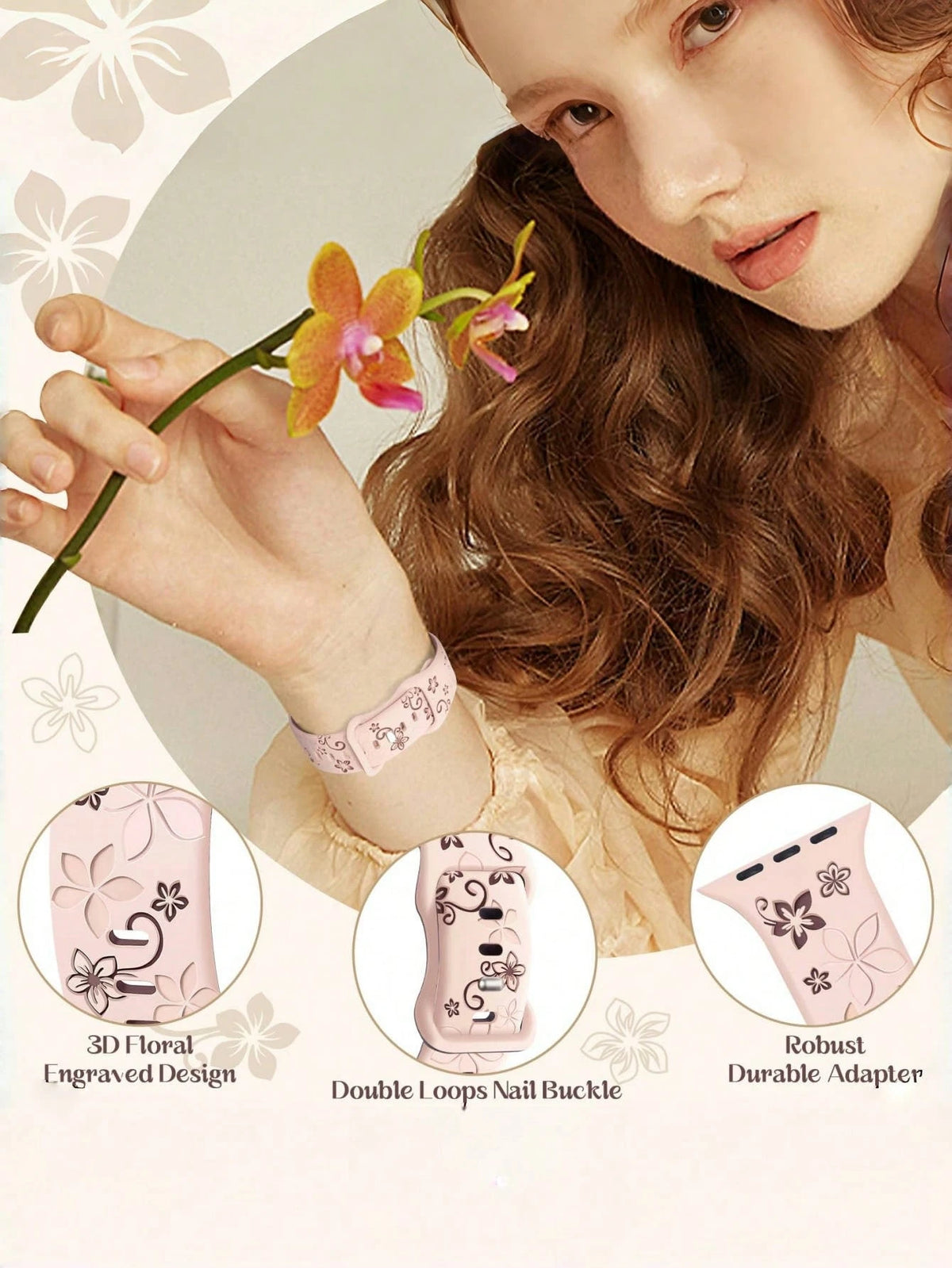 Two-Tone Floral Engraved Watch Band Compatible With Apple Watch Band 41mm 40mm 44mm 45mm 42mm 38mm 46mm 49mm, Boho Cute Purple Flower Silicone Strap Suitable For Apple Watch Series Ultra 11 10 9 8 7 6