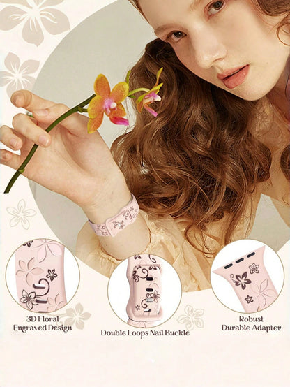 Two-Tone Floral Engraved Watch Band Compatible With Apple Watch Band 41mm 40mm 44mm 45mm 42mm 38mm 46mm 49mm, Boho Cute Purple Flower Silicone Strap Suitable For Apple Watch Series Ultra 11 10 9 8 7 6