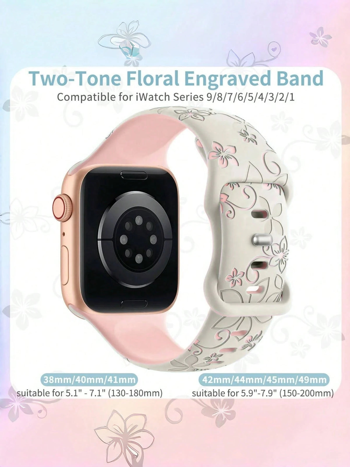 Two-Tone Floral Engraved Watch Band Compatible With Apple Watch Band 41mm 40mm 44mm 45mm 42mm 38mm 46mm 49mm, Boho Cute Purple Flower Silicone Strap Suitable For Apple Watch Series Ultra 11 10 9 8 7 6