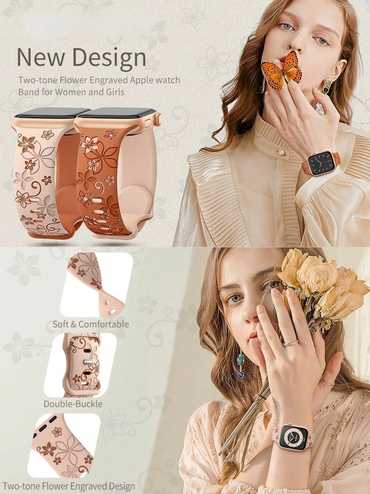 Two-Tone Floral Engraved Watch Band Compatible With Apple Watch Band 41mm 40mm 44mm 45mm 42mm 38mm 46mm 49mm, Boho Cute Purple Flower Silicone Strap Suitable For Apple Watch Series Ultra 11 10 9 8 7 6