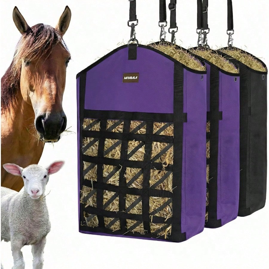 Ultra-Slow Feed Hay Bag For Horses, 3 Packs Hay Bags With Net Front Design,Wide Opening For Easy Filling,Two Types Of Hanging For Feeding Goats, Sheep And Donkeys (1 Black+2 Purple)