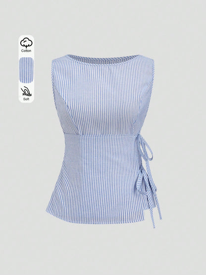 Unity Retro Plaid Round Neck Design Sense College Style Sexy Girl Sleeveless Shirt, Summer New Tie-Up Slim Fit Delicate Girly Sweet Blouse For Women