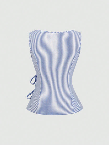 Unity Retro Plaid Round Neck Design Sense College Style Sexy Girl Sleeveless Shirt, Summer New Tie-Up Slim Fit Delicate Girly Sweet Blouse For Women