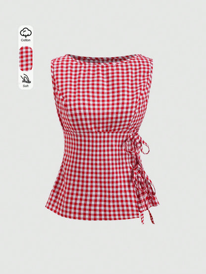 Unity Retro Plaid Round Neck Design Sense College Style Sexy Girl Sleeveless Shirt, Summer New Tie-Up Slim Fit Delicate Girly Sweet Blouse For Women