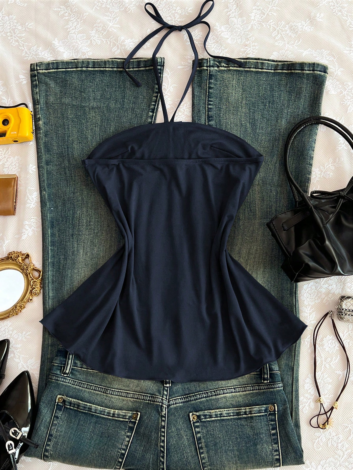 Unity Summer Vintage Hot Girl Minimalist Sexy Sexy Spaghetti Strap Tie-Up Distressed Floral Beaded Patchwork Asymmetric Camisole Tank Top
