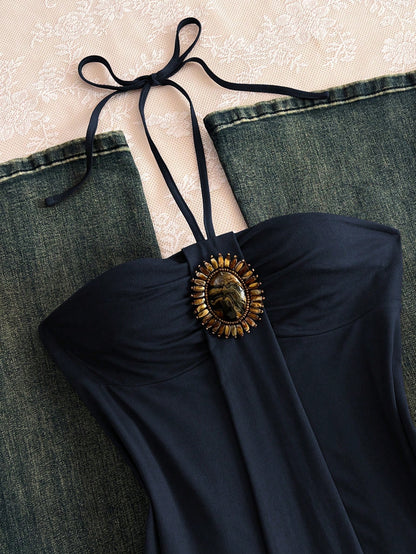 Unity Summer Vintage Hot Girl Minimalist Sexy Sexy Spaghetti Strap Tie-Up Distressed Floral Beaded Patchwork Asymmetric Camisole Tank Top