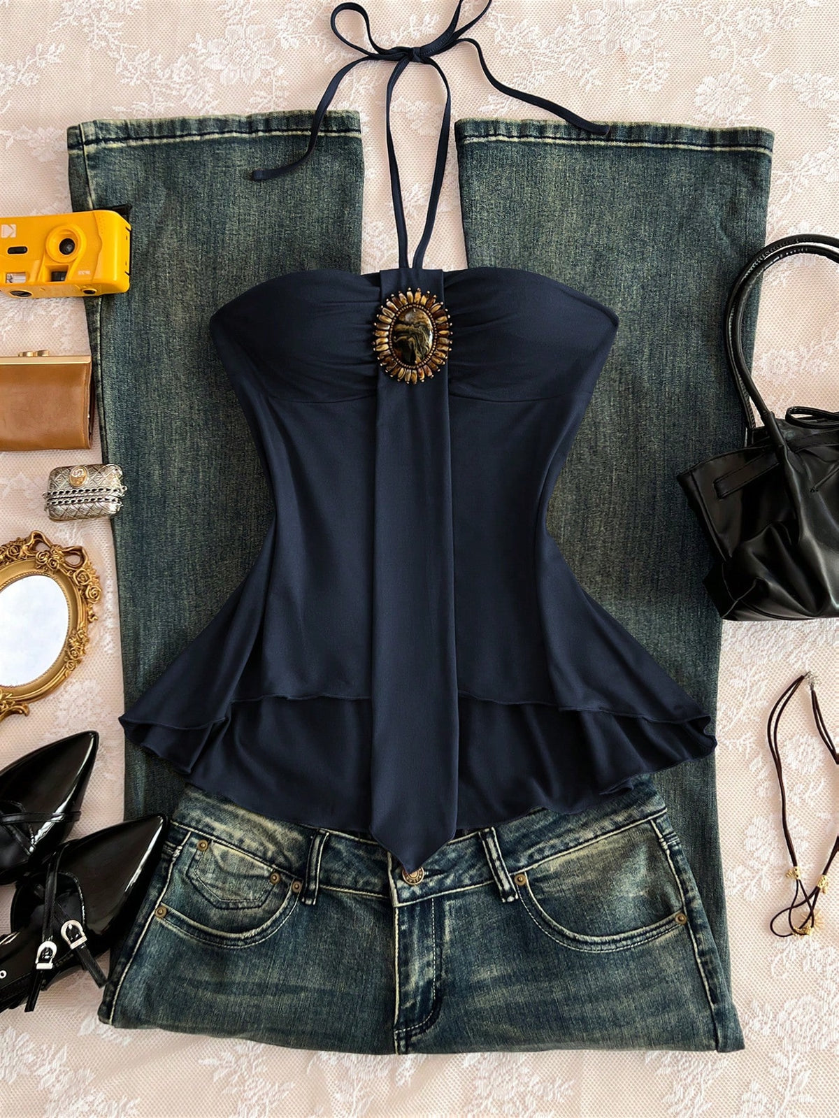 Unity Summer Vintage Hot Girl Minimalist Sexy Sexy Spaghetti Strap Tie-Up Distressed Floral Beaded Patchwork Asymmetric Camisole Tank Top